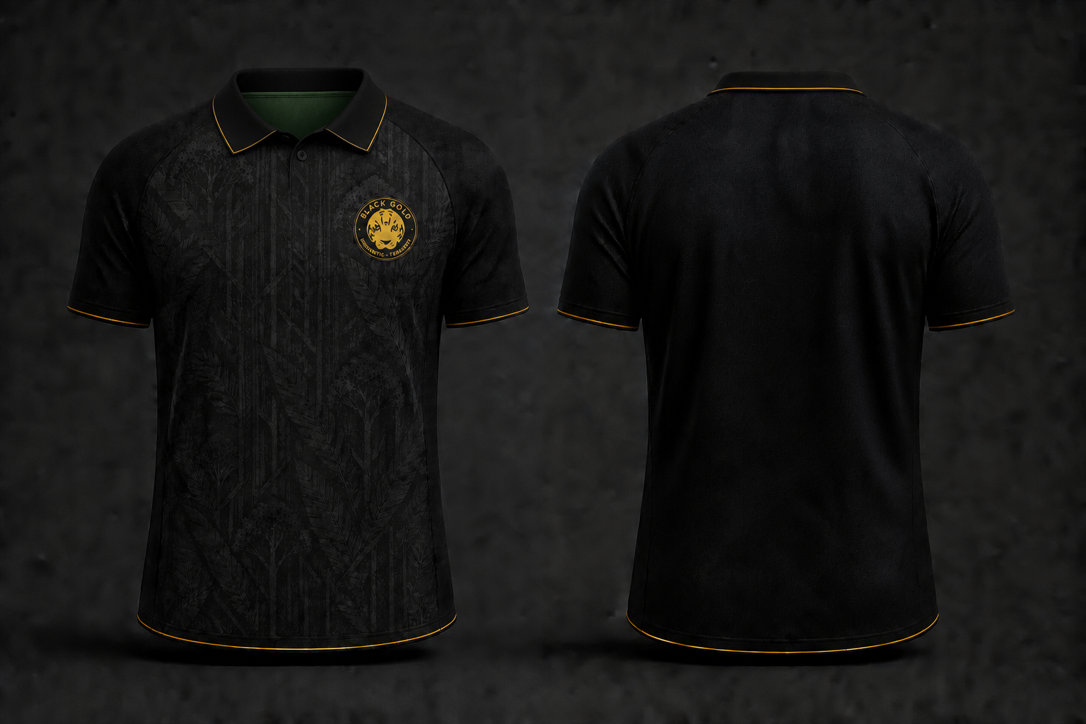 Camiseta polo masculina de presentación Black Gold, frente y espalda